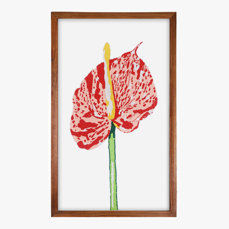 Framed artwork of a red flower with a yellow center on a white background