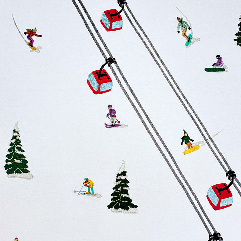 Illustration of skiers and a ski lift on a snowy background