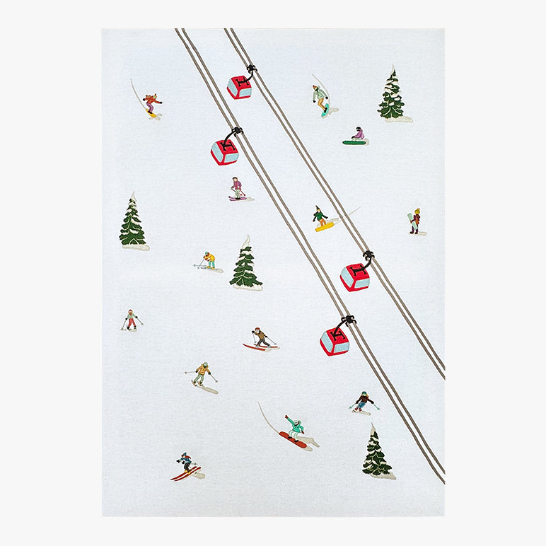 Illustration of a ski lift with skiers and trees on a white background