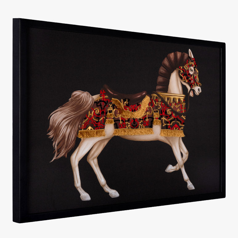 Decorative horse wall art with ornate saddle on a white background