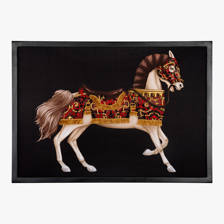 Decorative horse with ornate saddle on a white background