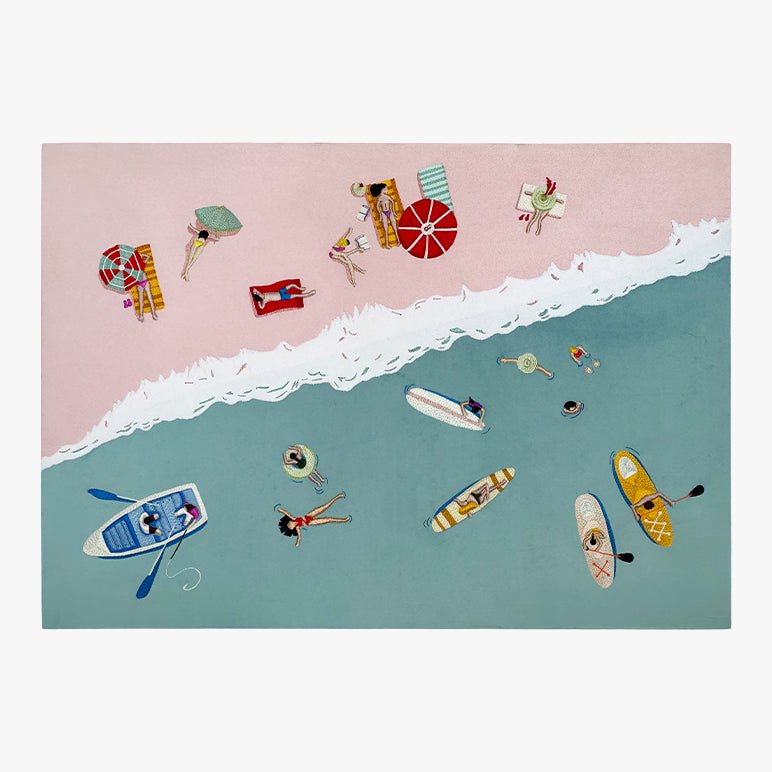 Illustration of a beach scene with people, boats, and umbrellas on a pink sand and blue water background.