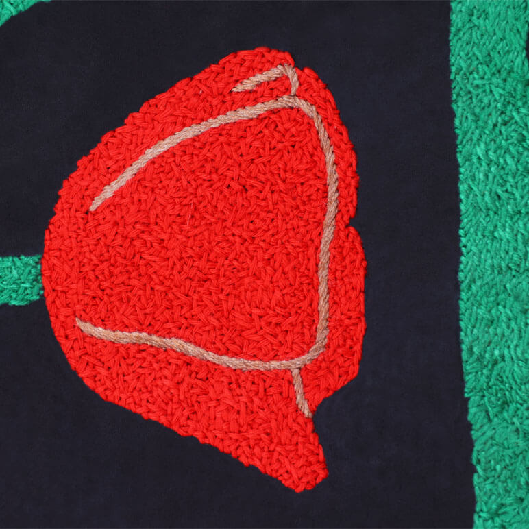 Red woven design on a black background with green borders