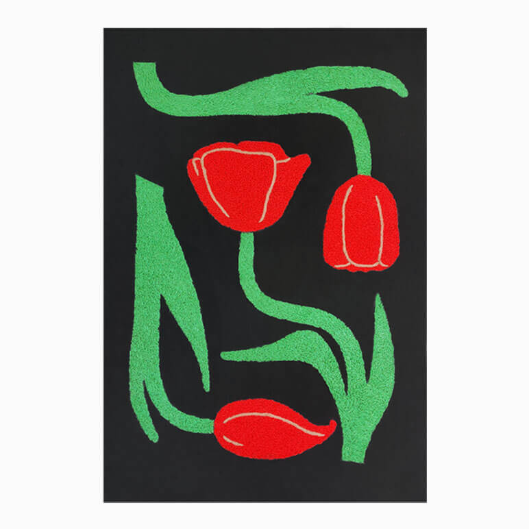 Red tulips with green stems on a black background