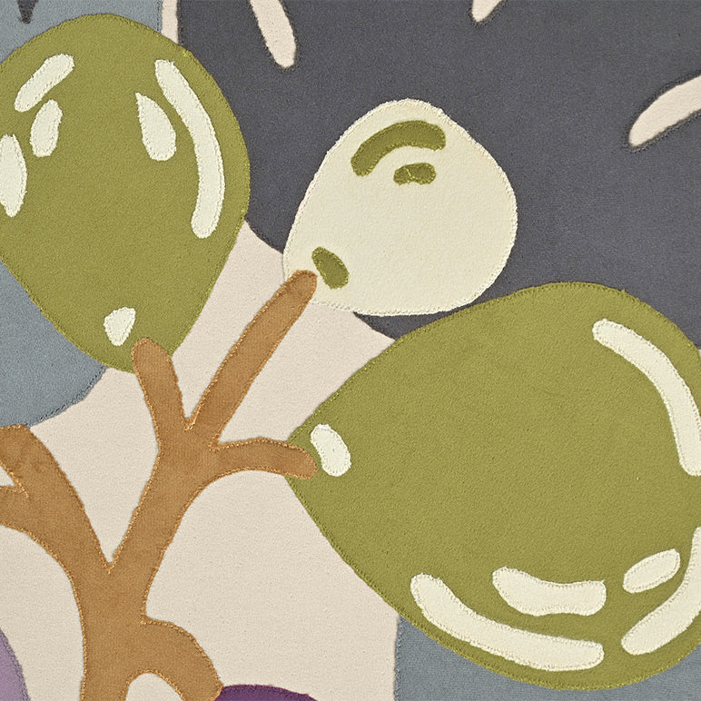 Abstract design with green shapes and brown branches on a multicolored background