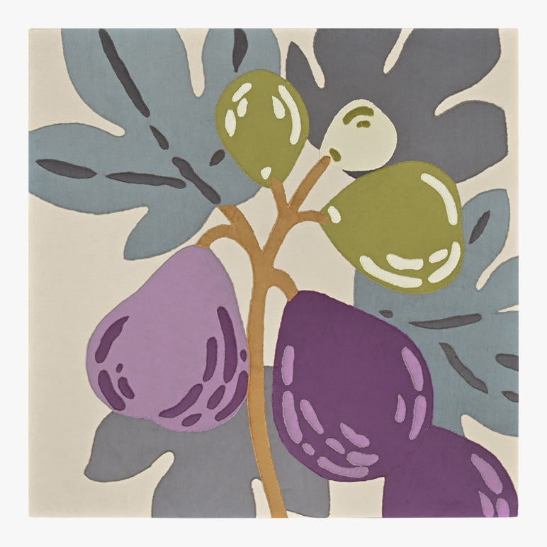Decorative tile with purple figs and green leaves on a beige background