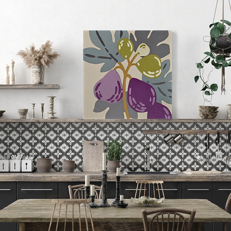 Kitchen interior with a decorative painting on the wall, patterned wallpaper, and wooden furniture.