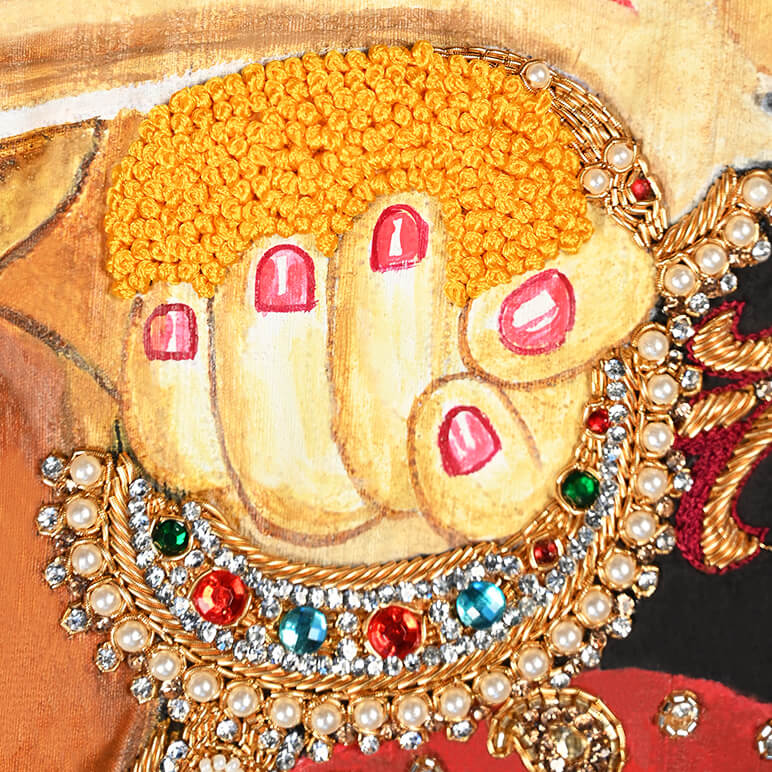 Decorative depiction of a hand with red nail polish and gold jewelry on a colorful background