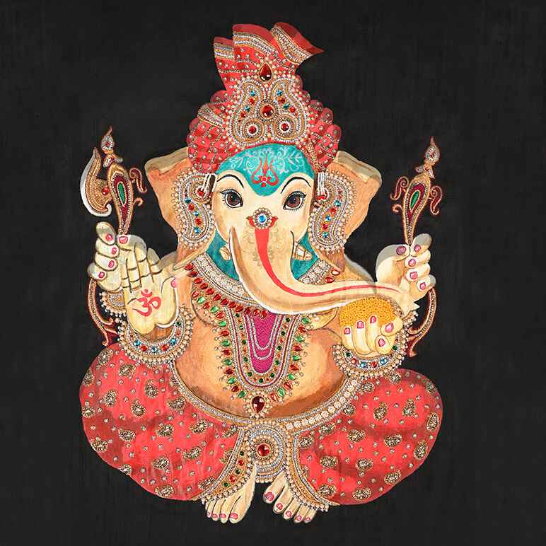 Decorative depiction of a神灵 figure with intricate jewelry and colorful attire on a black background