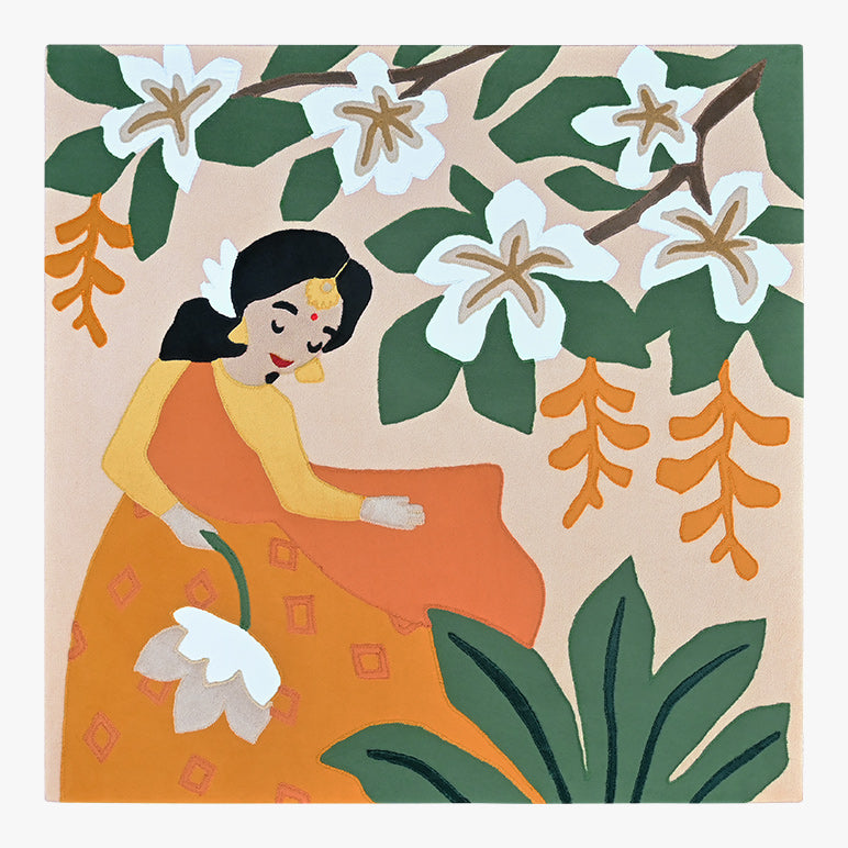 Illustration of a woman in an orange dress surrounded by flowers and leaves on a beige background