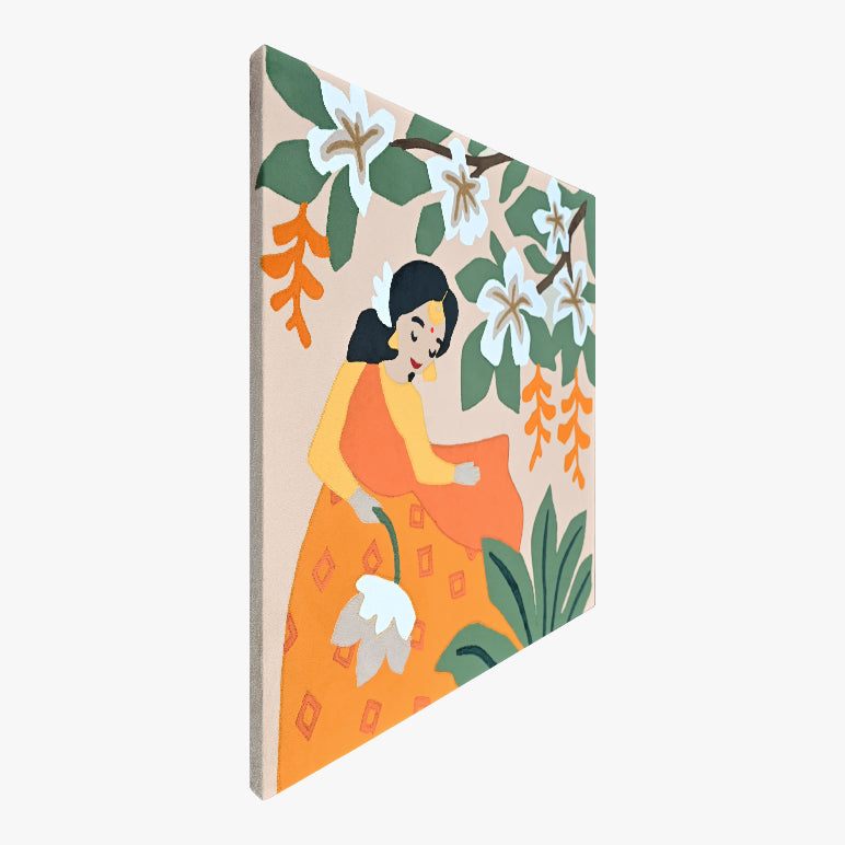 Decorative wall art with a woman in an orange dress and floral design on a beige background