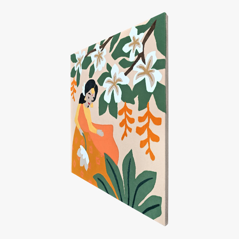 Notebook with a colorful design of a woman and flowers on a beige background