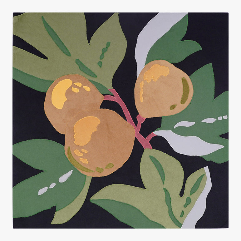 Decorative fabric with kiwi fruit and leaf pattern on a dark background