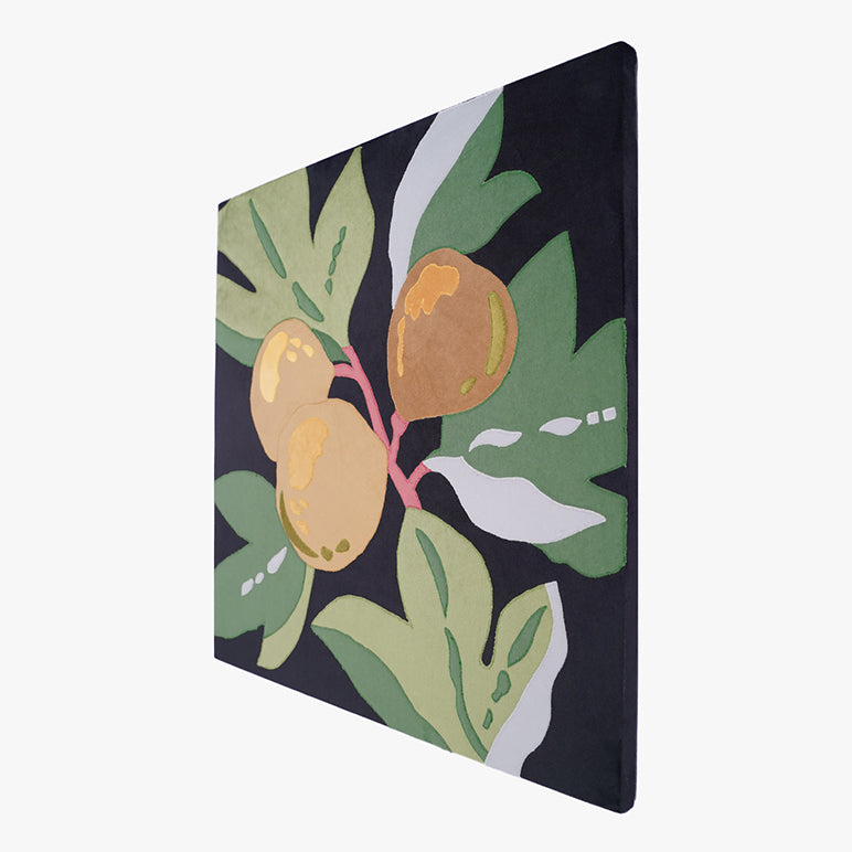 Decorative wall art with tropical leaves and fruits on a black background
