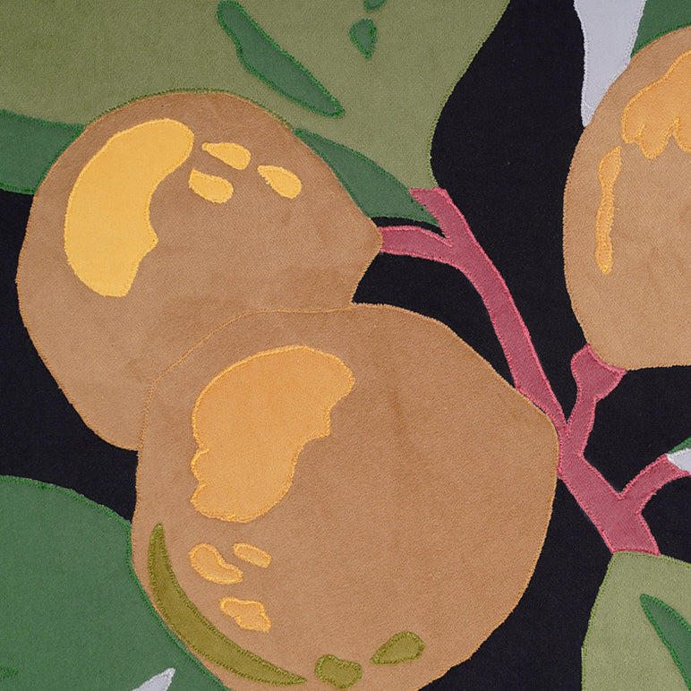 Close-up of a stylized illustration of a kiwi fruit with green leaves on a black background.