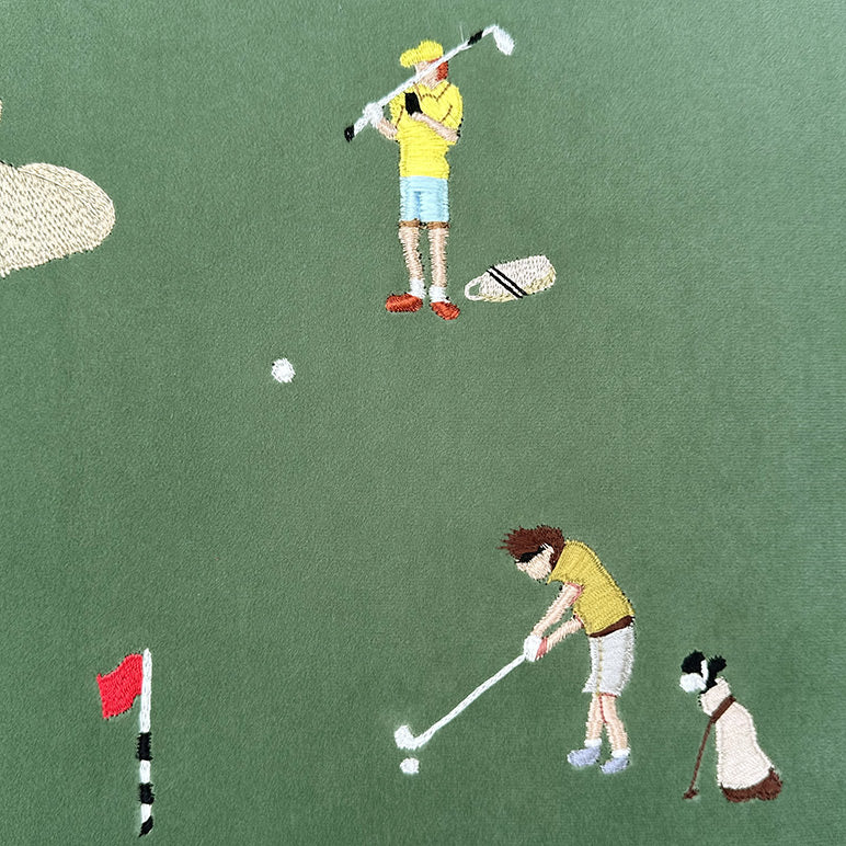 Illustration of people playing golf on a green background