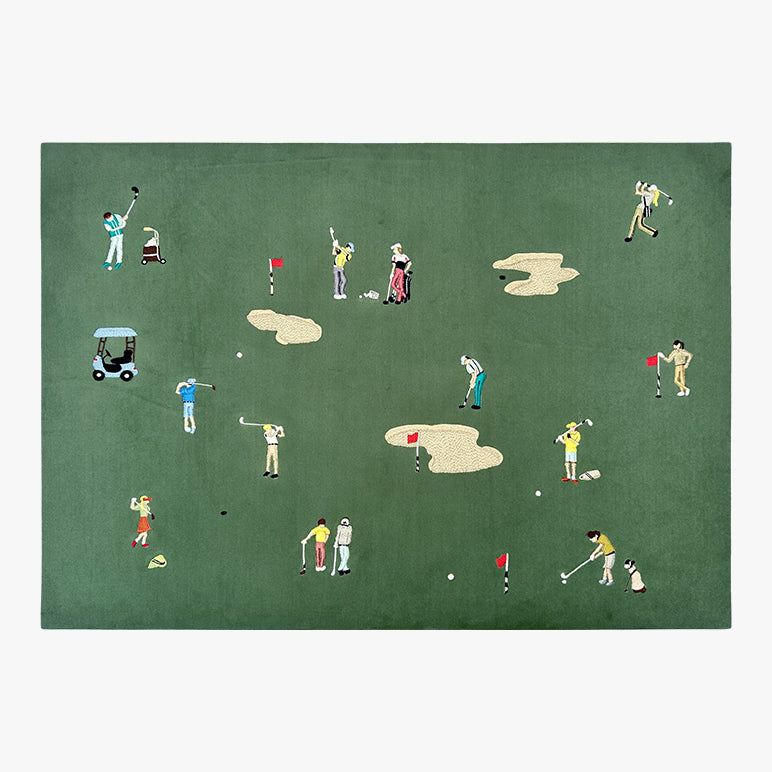 Golf-themed rug with miniature golfers and equipment on a green background