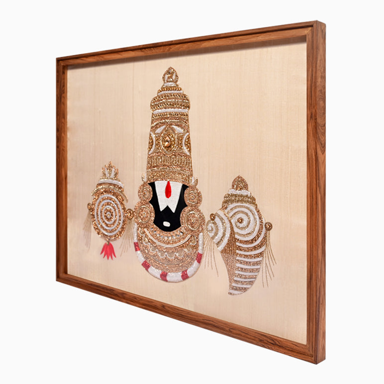 Decorative piece with intricate designs on a beige background, framed in wood.