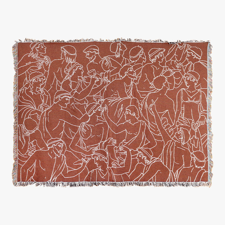 Woven designer throw blanket with ancient Greek figures on a brown background fabric