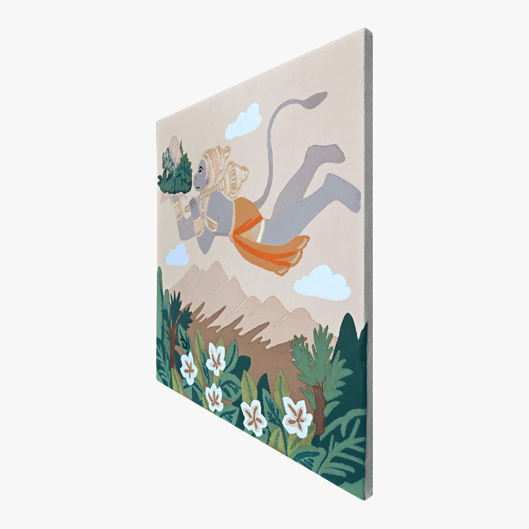 Decorative wall panel with a stylized illustration of a lion and mountains on a beige background