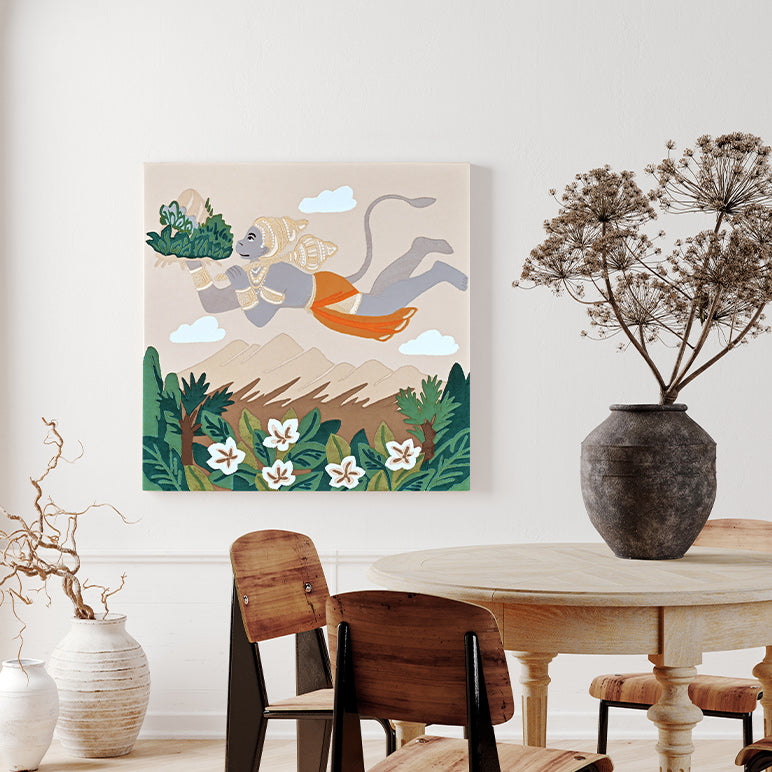 Dining room with a colorful abstract painting on the wall, wooden table, and chairs.