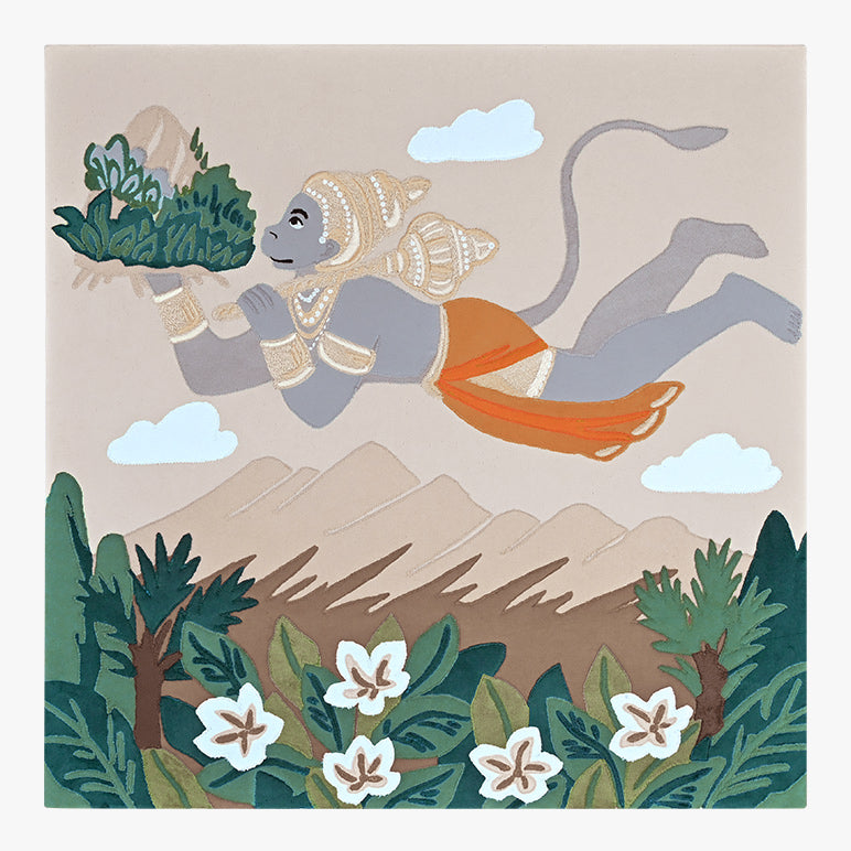 Illustration of a monkey character in a fantasy setting with mountains and plants.