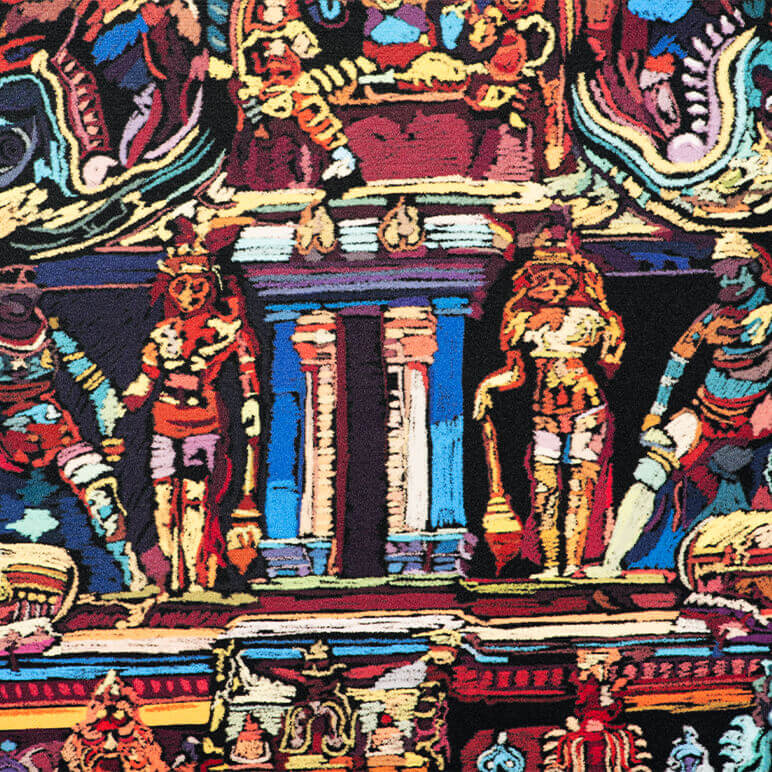 Colorful tapestry with intricate patterns and figures