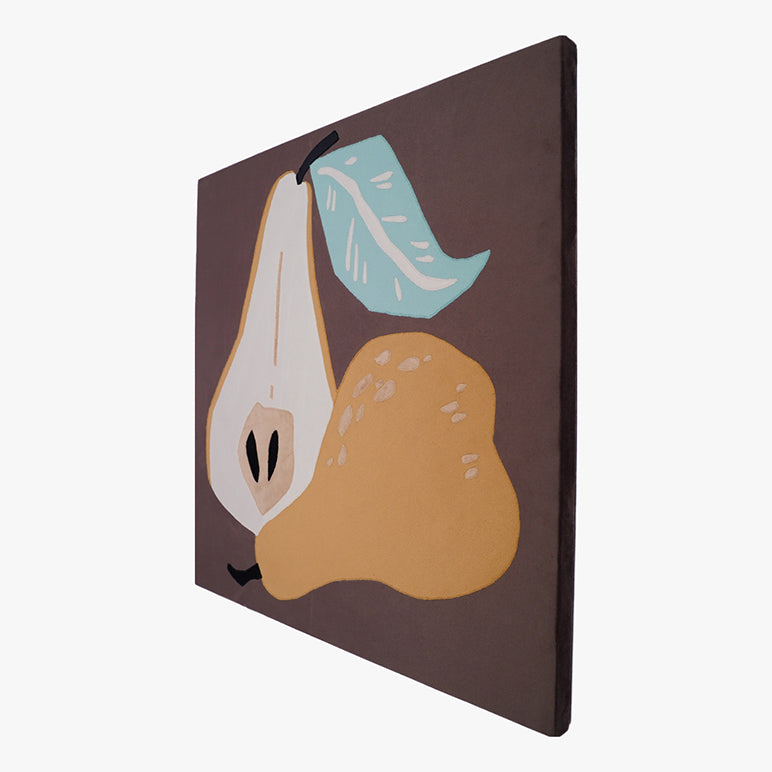 Decorative wall art with a stylized pear design on a brown background