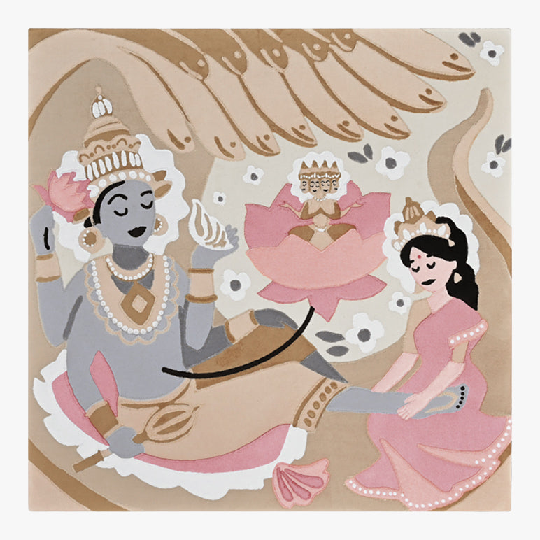 Illustration of a deity and two women with decorative elements