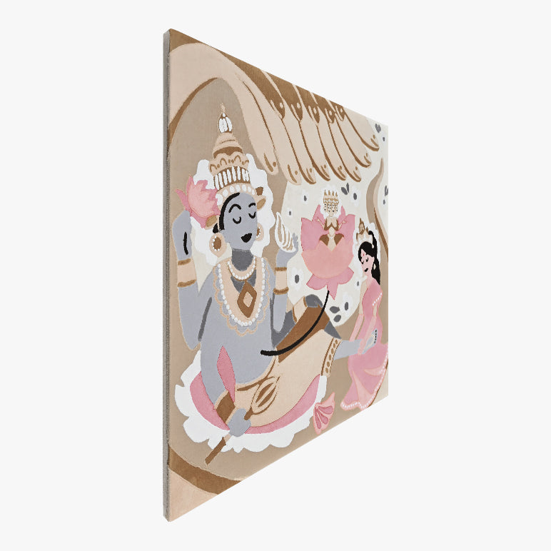 Decorative wall art with a stylized depiction of a deity and a child on a beige background