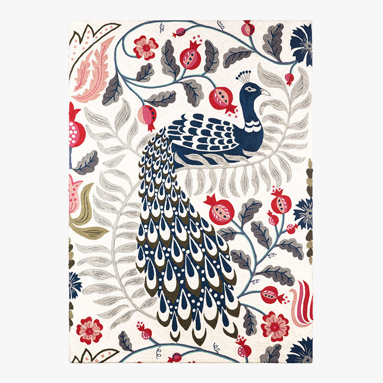 Decorative peacock design wall art with floral elements on a white background