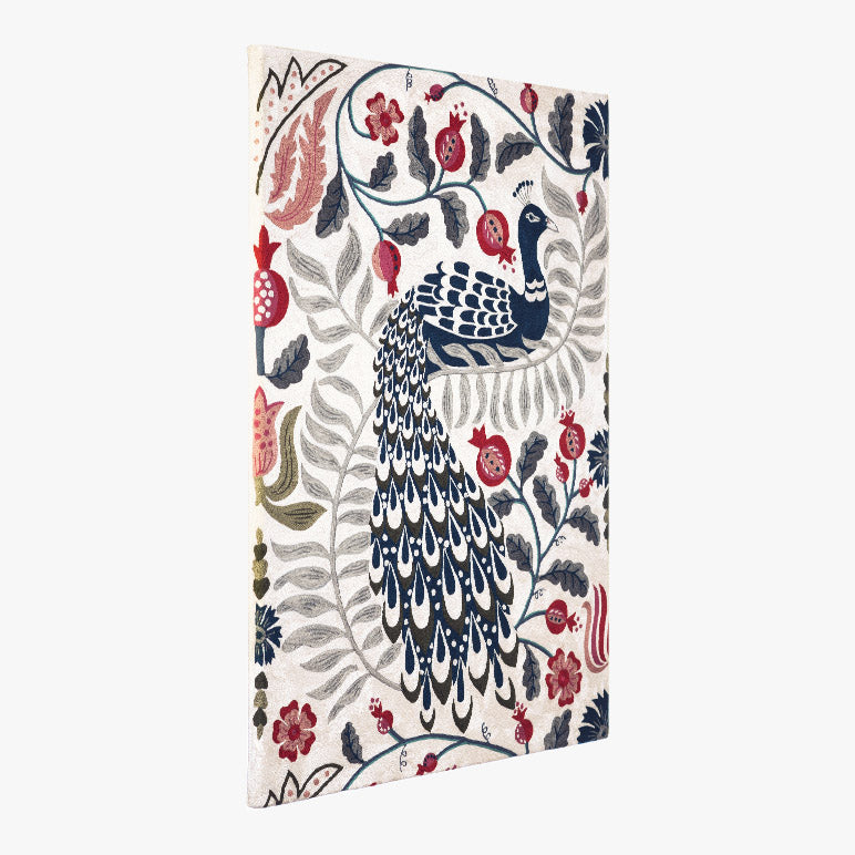 Decorative peacock design wall art with floral elements on a white background