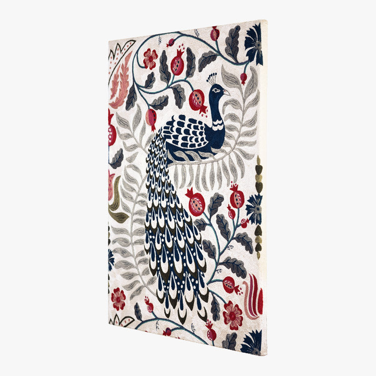 Decorative peacock design wall art with floral elements on a white background