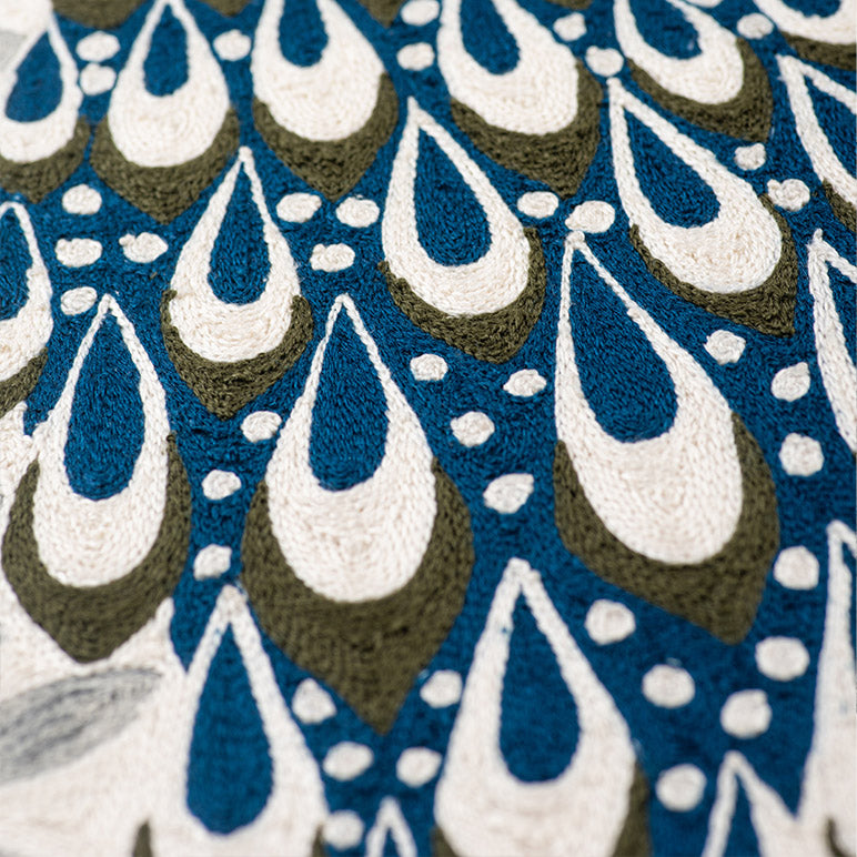 Close-up of a textured fabric with a pattern of teardrop shapes in blue, white, and brown.