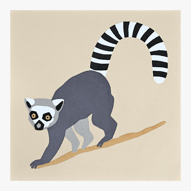 Illustration of a lemur with a striped tail on a beige background