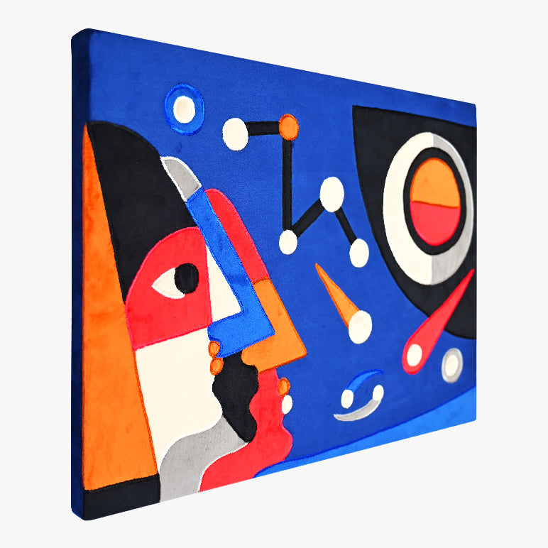 Abstract art piece with colorful geometric shapes on a blue background