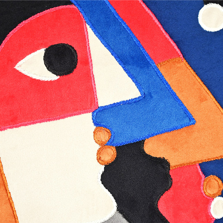 Abstract art piece with geometric shapes in red, blue, orange, and black.