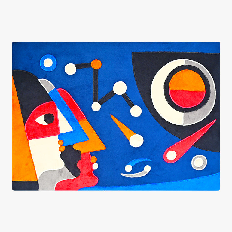 Abstract artwork with geometric shapes and vibrant colors on a blue background