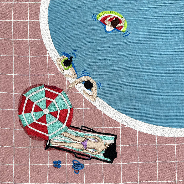 Illustration of a person lying on a beach towel with an umbrella and a parrot in the background.