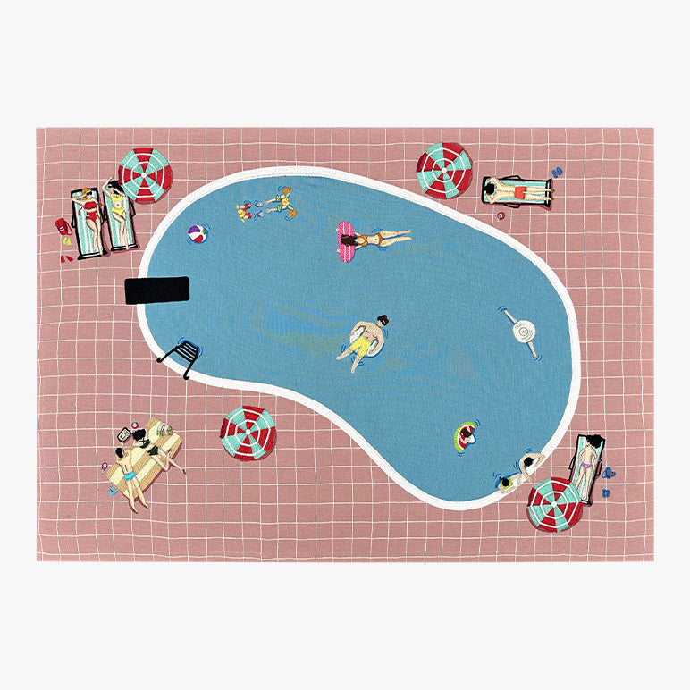 Illustration of a pool with people around on a pink grid background