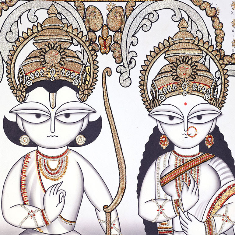 Illustration of two deities with intricate jewelry and headgear on a white background