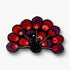 Silk-thread red peacock brooch with purple accents on a white background