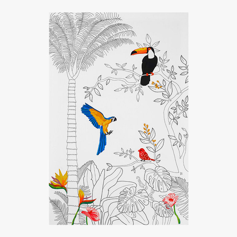 Coloring book page with toucan, parrot, and other birds in a jungle setting
