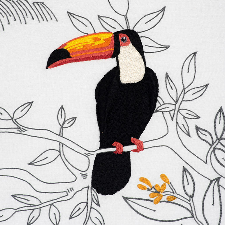 Embroidered patch of a toucan on a branch with leaves and flowers.