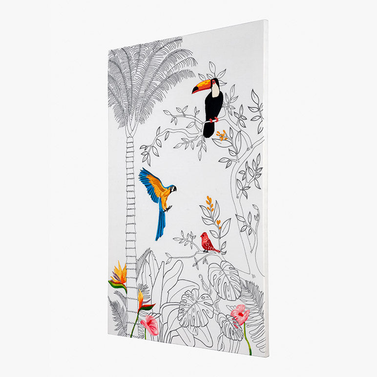 Decorative panel with tropical birds and plants on a white background