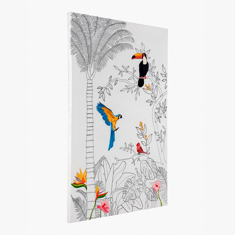 Decorative panel with tropical birds and plants on a white background