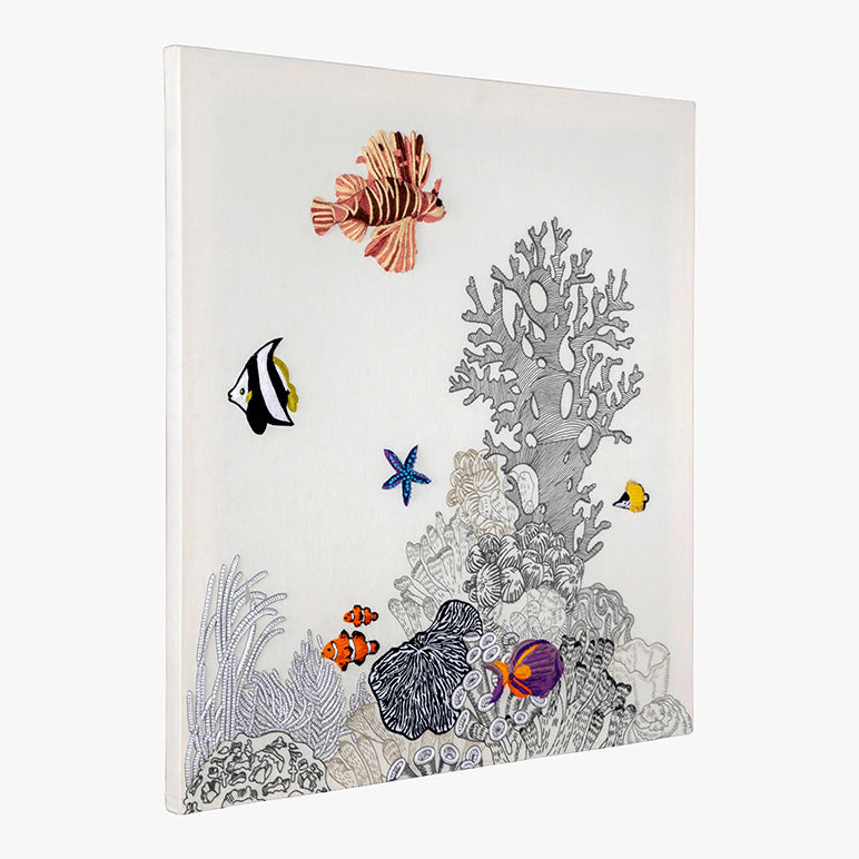 Decorative panel with stylized fish and coral on a white background