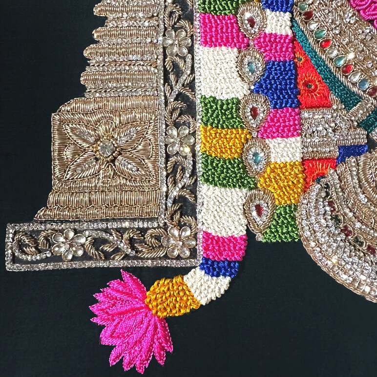 Close-up of decorative fabric with intricate patterns and colors on a black background