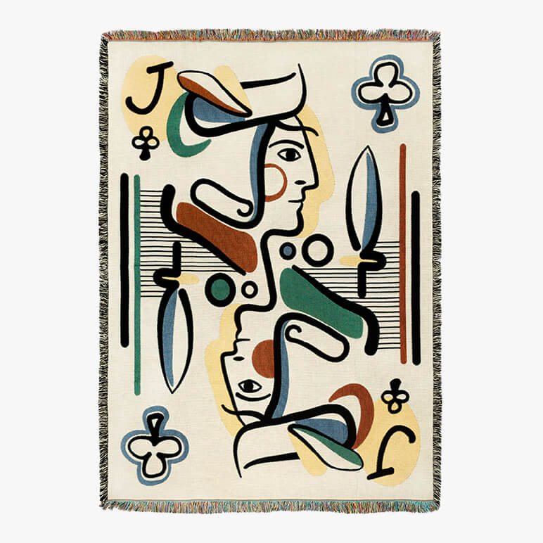 Abstract art design on a woven blanket with geometric shapes and patterns on a white background