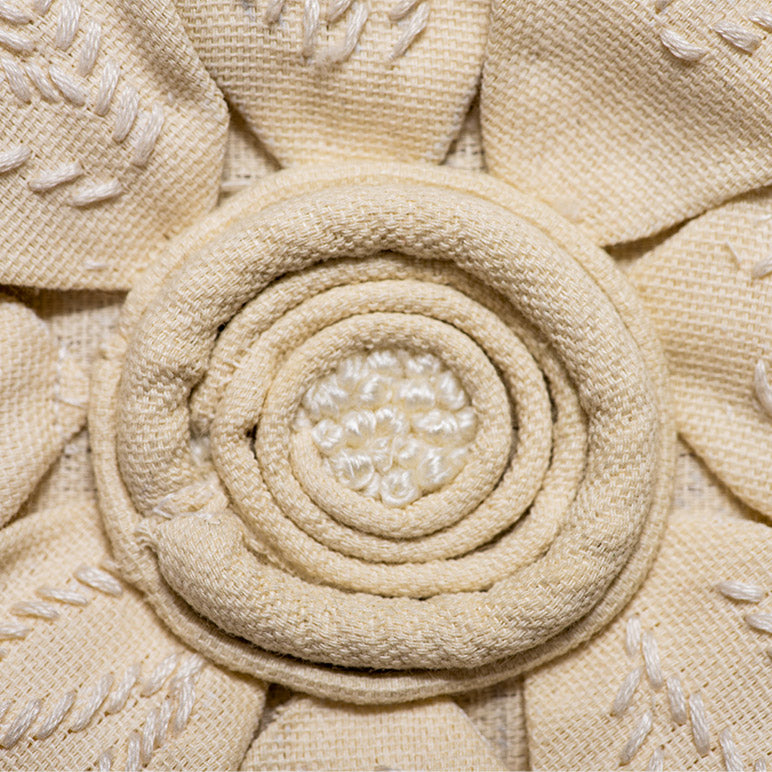 Close-up of beige fabric with embroidered flower design